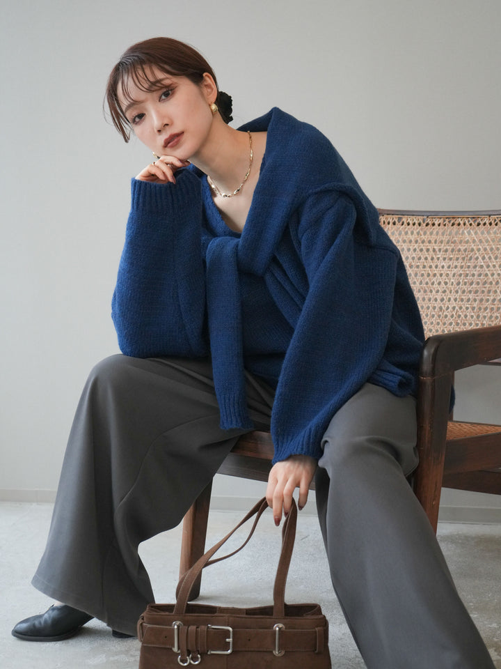 [予約]ストール付きVネックニットプルオーバー/blue