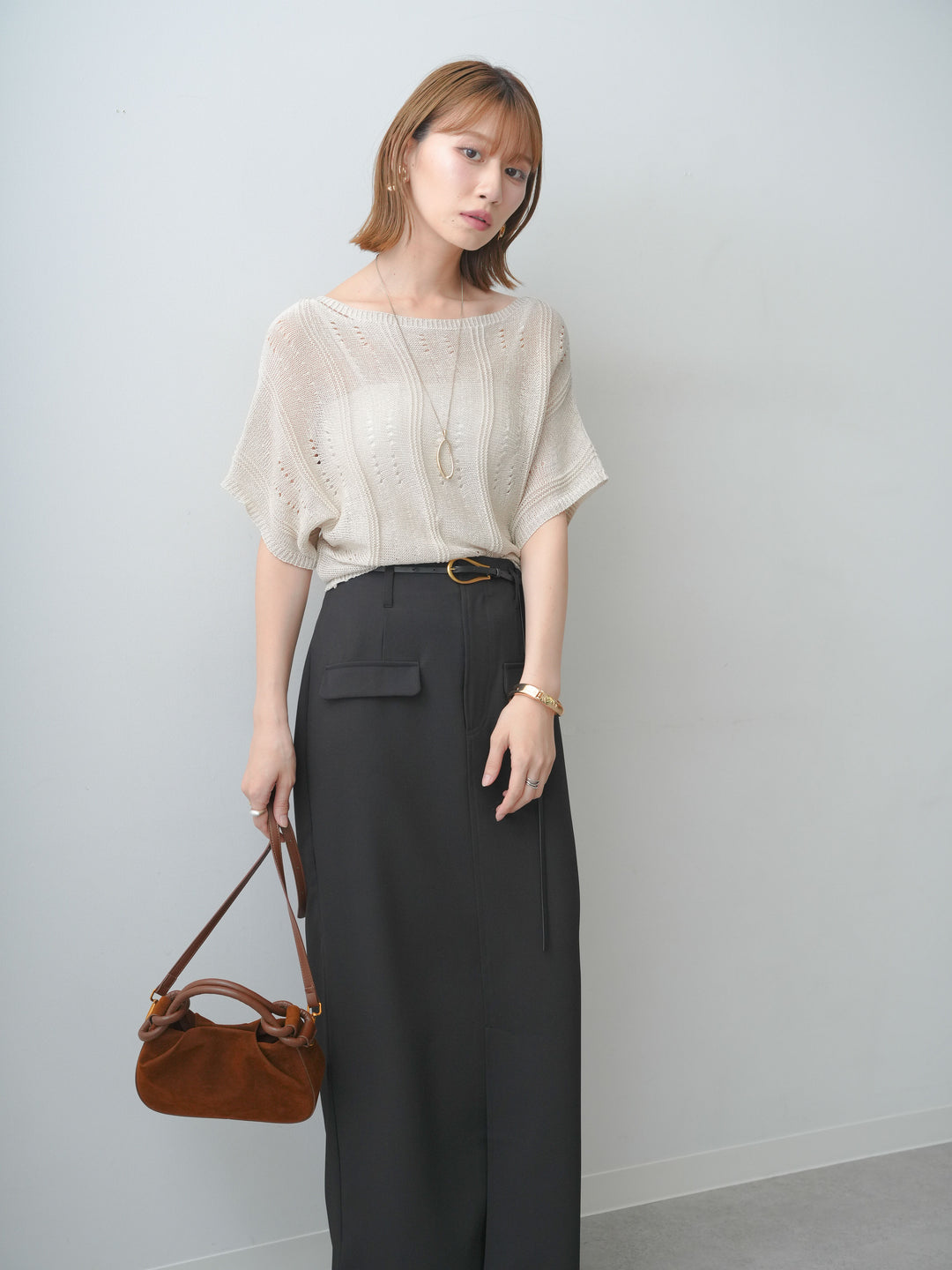 [SET]アイレットサマーニットトップス+クレープデシンフラップ付きストレートスカート(2set)