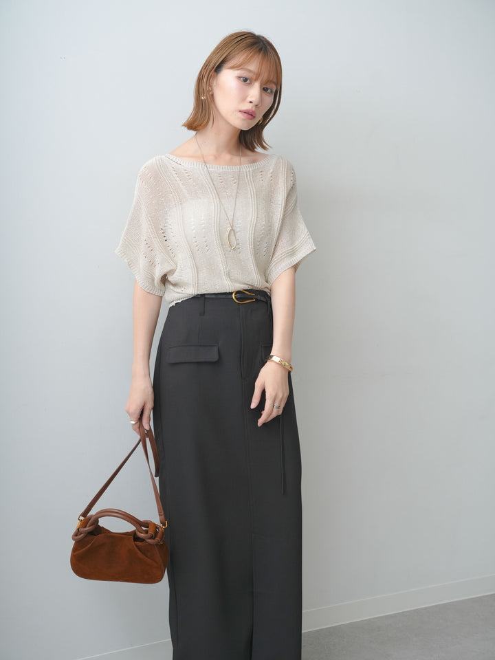 [SET]アイレットサマーニットトップス+クレープデシンフラップ付きストレートスカート(2set)