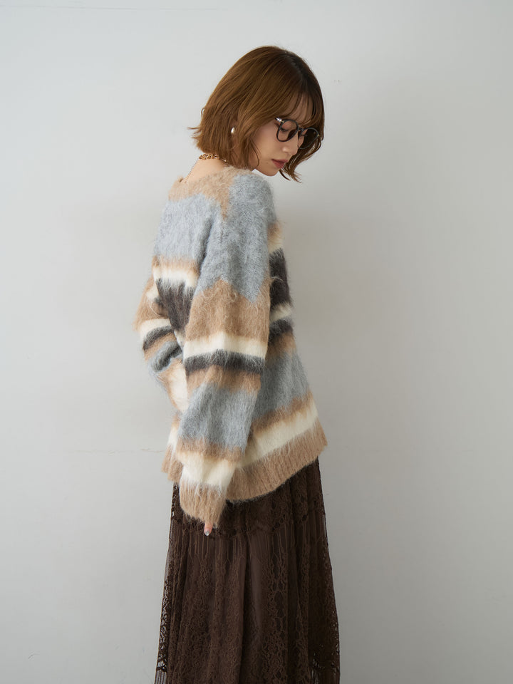 [予約]カラフルシャギーボーダーカーディガン/beige