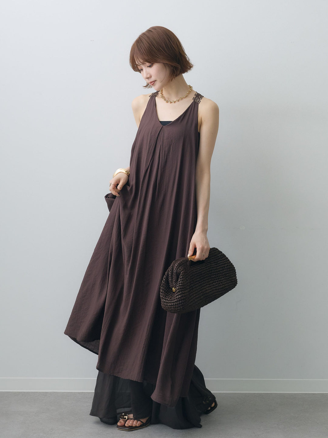 [予約]バックレースレイヤードノースリワンピース/brown