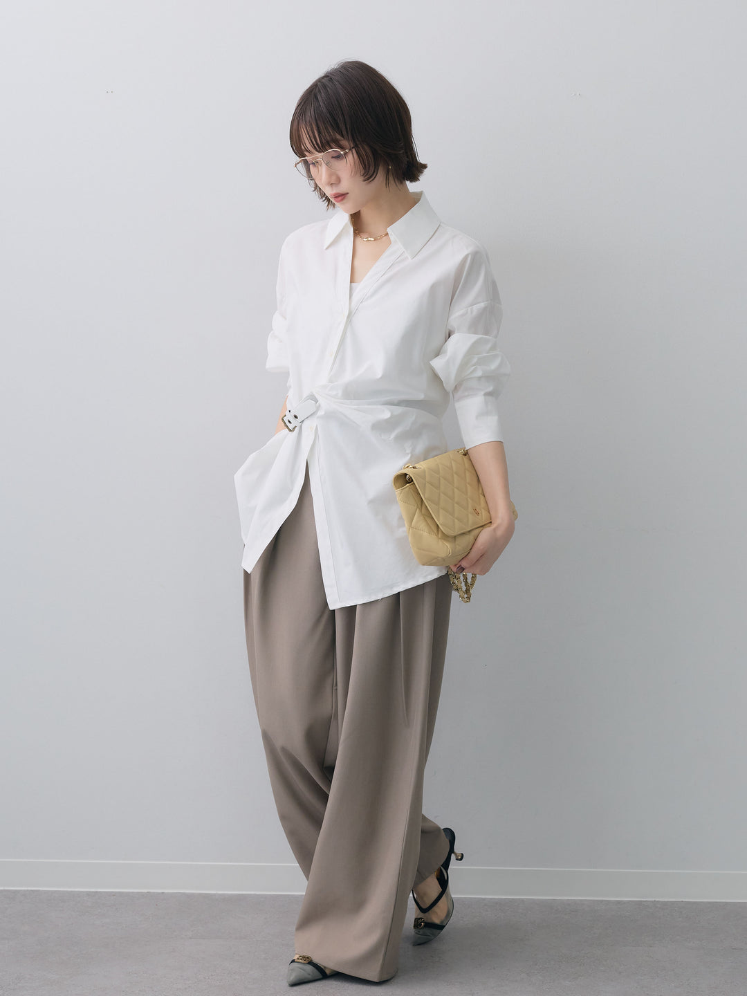 [SET]ベルテッドドレープシャツ+ツイルタックワイドパンツ(2set)
