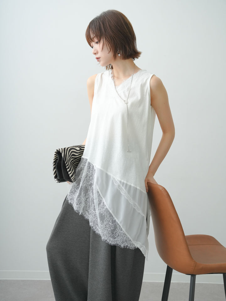 [予約]ヘムアシメレースドッキングノースリトップス/white