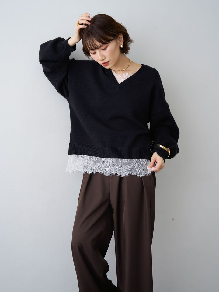 [SET]アルパカタッチレースドッキングVネックニットトップス+選べるアクセセット(2set)