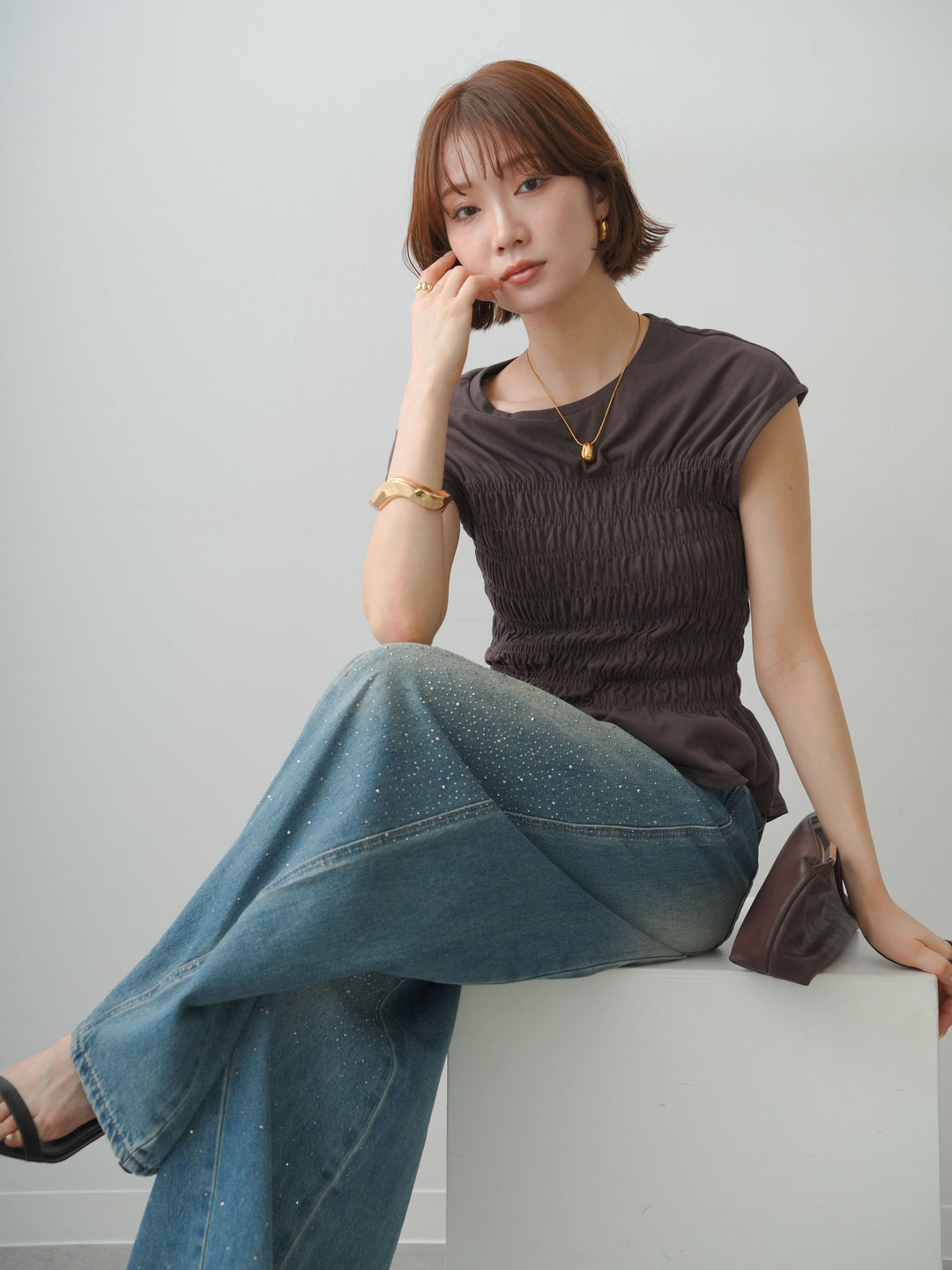 [予約]フレンチスリーブシャーリングトップス/brown