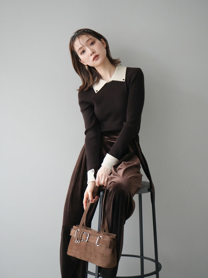 [予約]ニットカフス襟付き配色リブニットトップス/brown