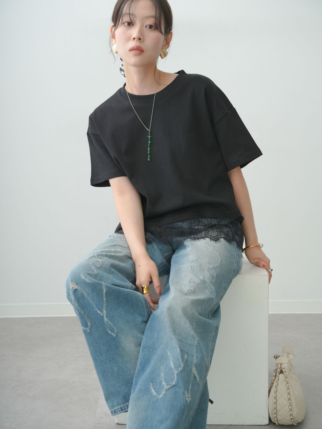 [SET]アシメレースヘムワイドTEE+グラフィックスクラッチワイドデニム(2set)