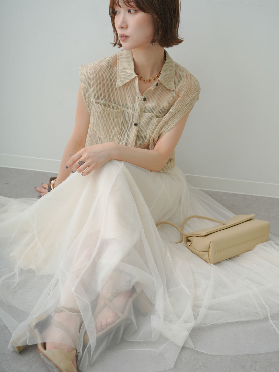 [予約]ラッセルメッシュフレンチシャツ/beige