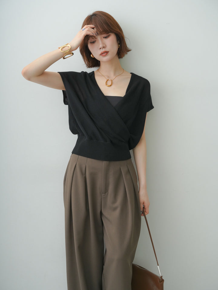 [SET]カシュクールフレンチニットトップス+クレープデシンタックワイドパンツ(2set)