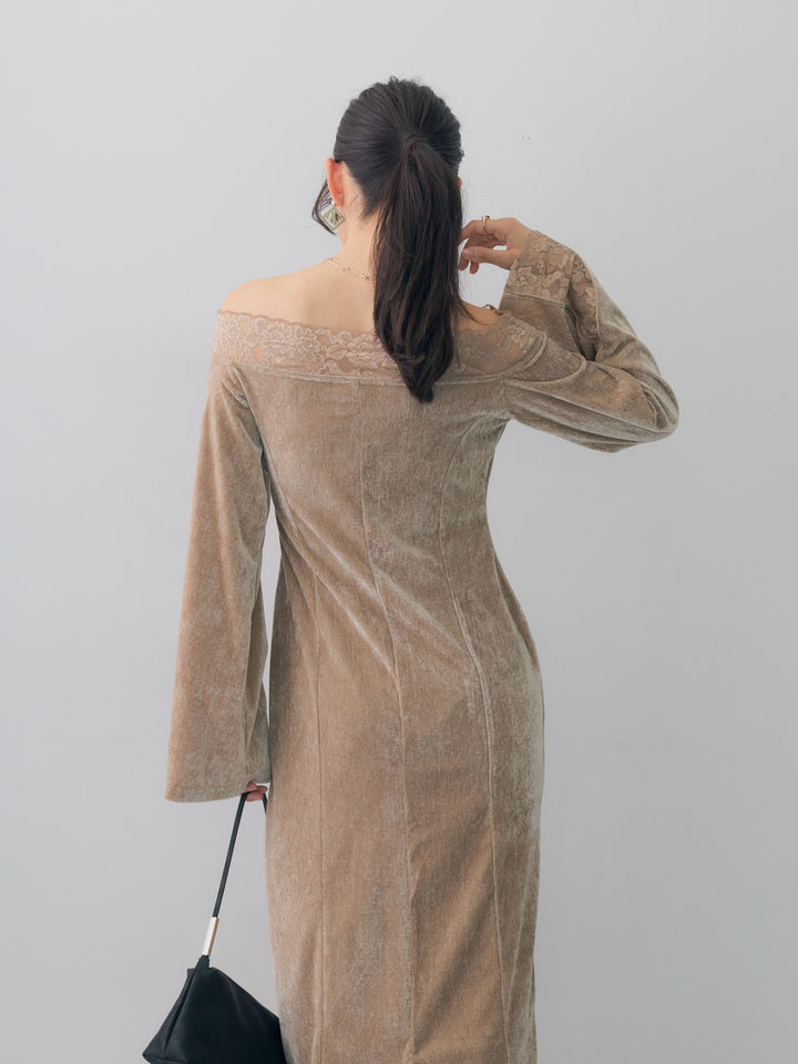 [予約]ベロアレースドッキングオフショルワンピース/beige