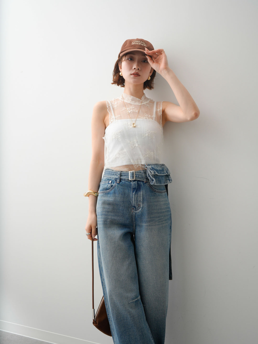 [予約]シースルーストレッチレースノースリトップス/white