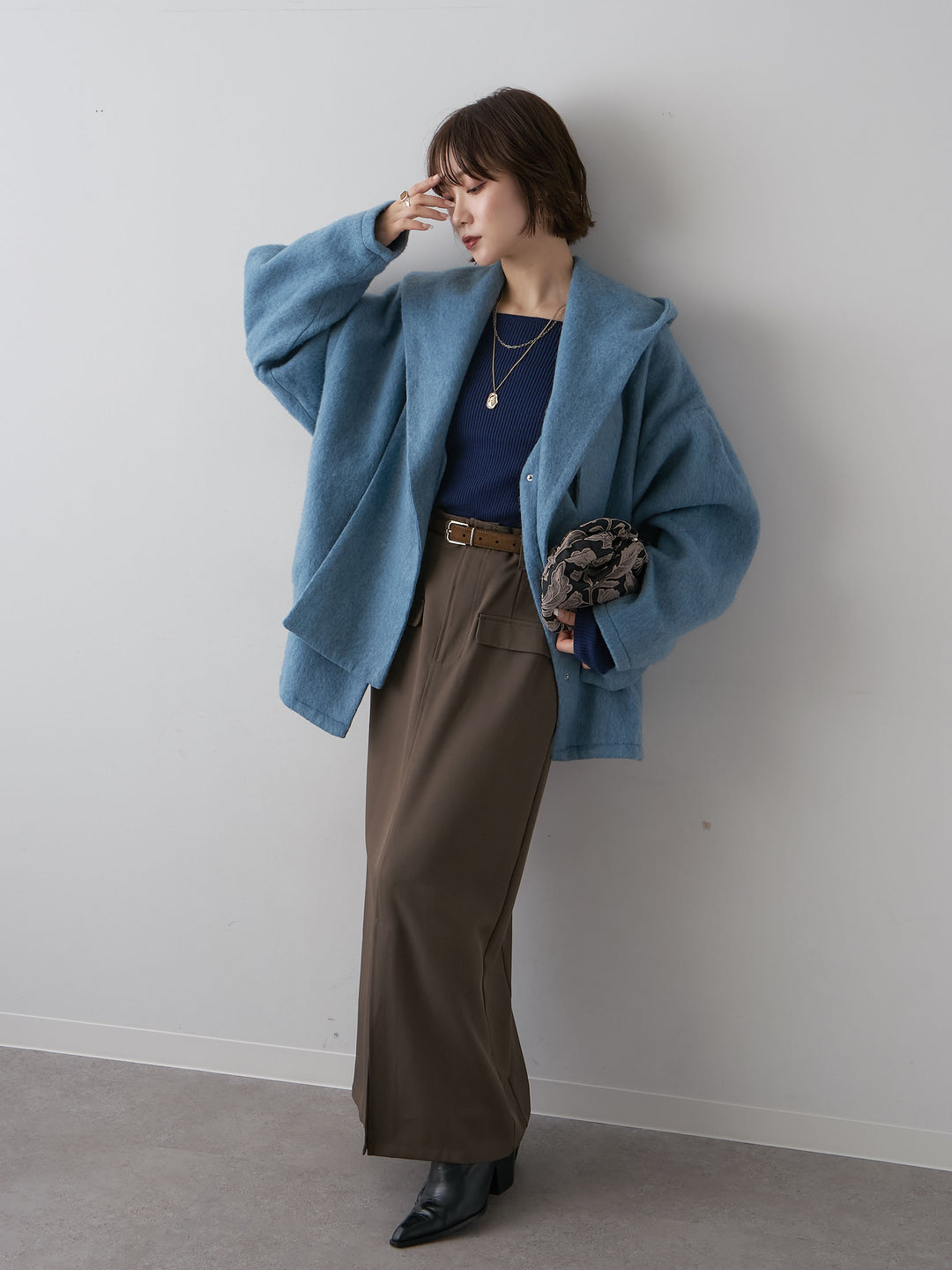 [SET]フードマフ付メランジコート+クレープデシンフラップ付きストレートスカート(2set)