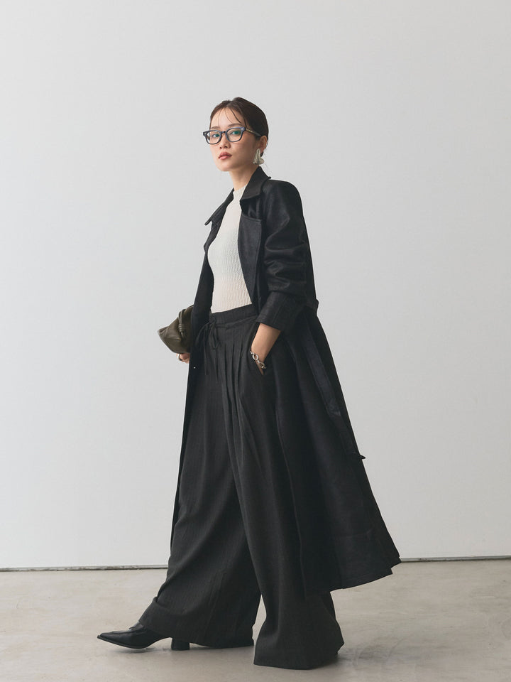 【Allure】[SET]デザインリブハーフニットトップス+ウールライクストライプワイドパンツ+ヴィンテージレザートレンチコート(3set)