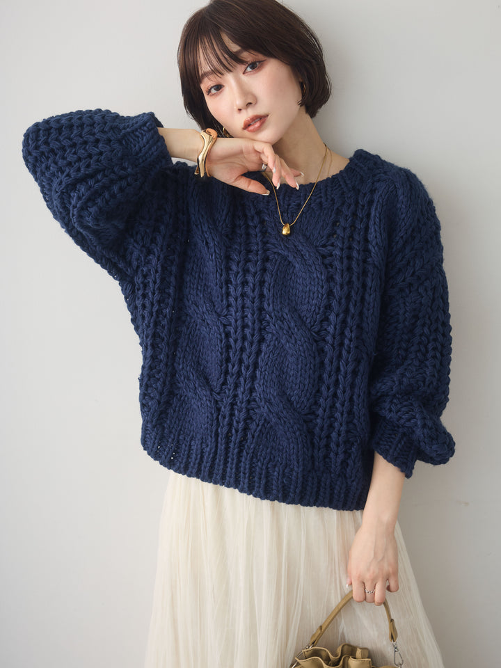 [予約]ボリュームケーブルニットプルオーバー/navy