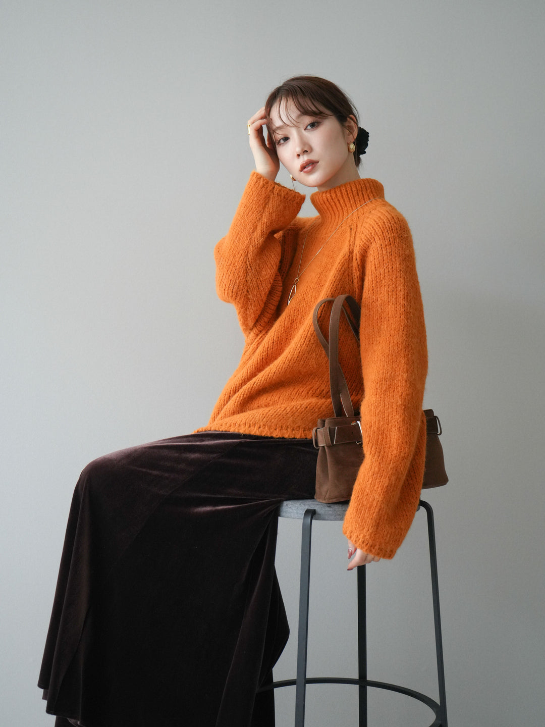 [予約]アシンメトリーハイネックニットプルオーバー/orange