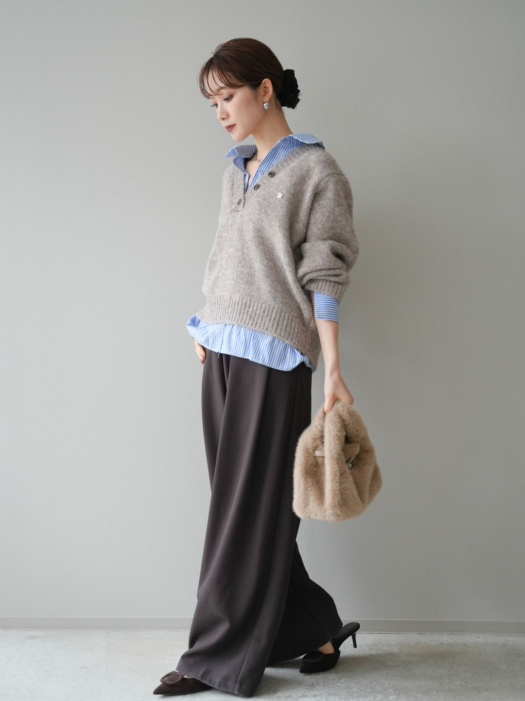 [SET]ストライプシャツドッキングMIXヤーンニットプルオーバー+ベルトループデザインワイドパンツ(2set)
