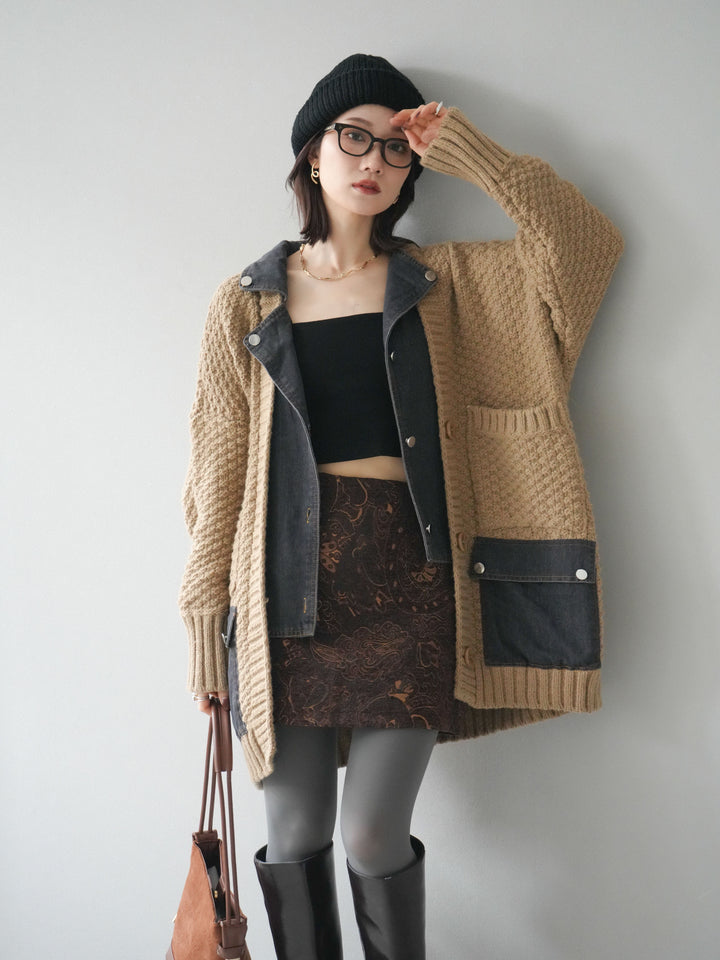 [予約]デニム襟レイヤードニットジャケット/beige