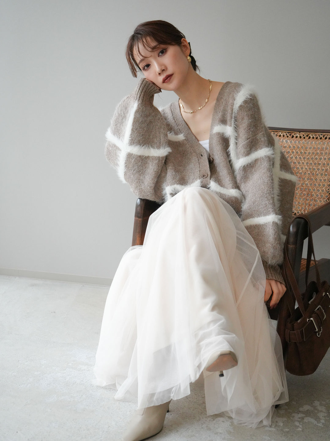 [予約]ミックスシャギーチェックカーディガン/beige