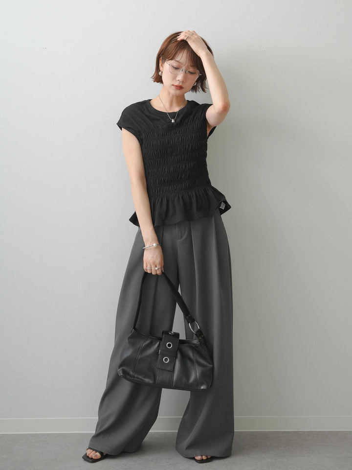 [SET]フレンチスリーブシャーリングトップス+ベルトループデザインワイドパンツ(2set)