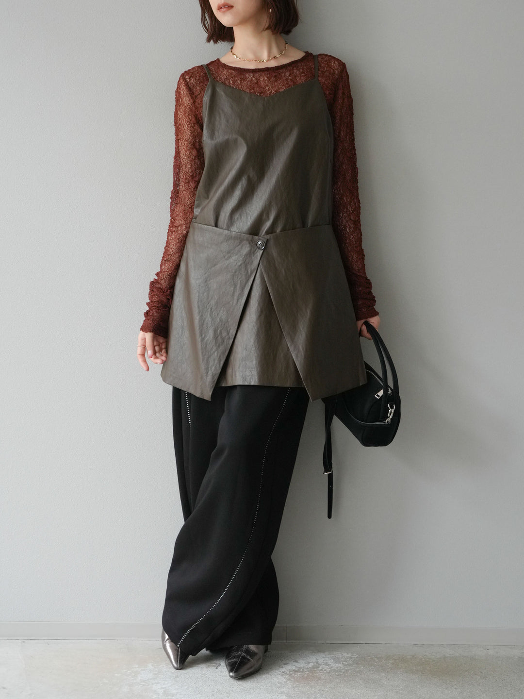 [予約]レイヤードレザーキャミソールチュニック/ブラウン