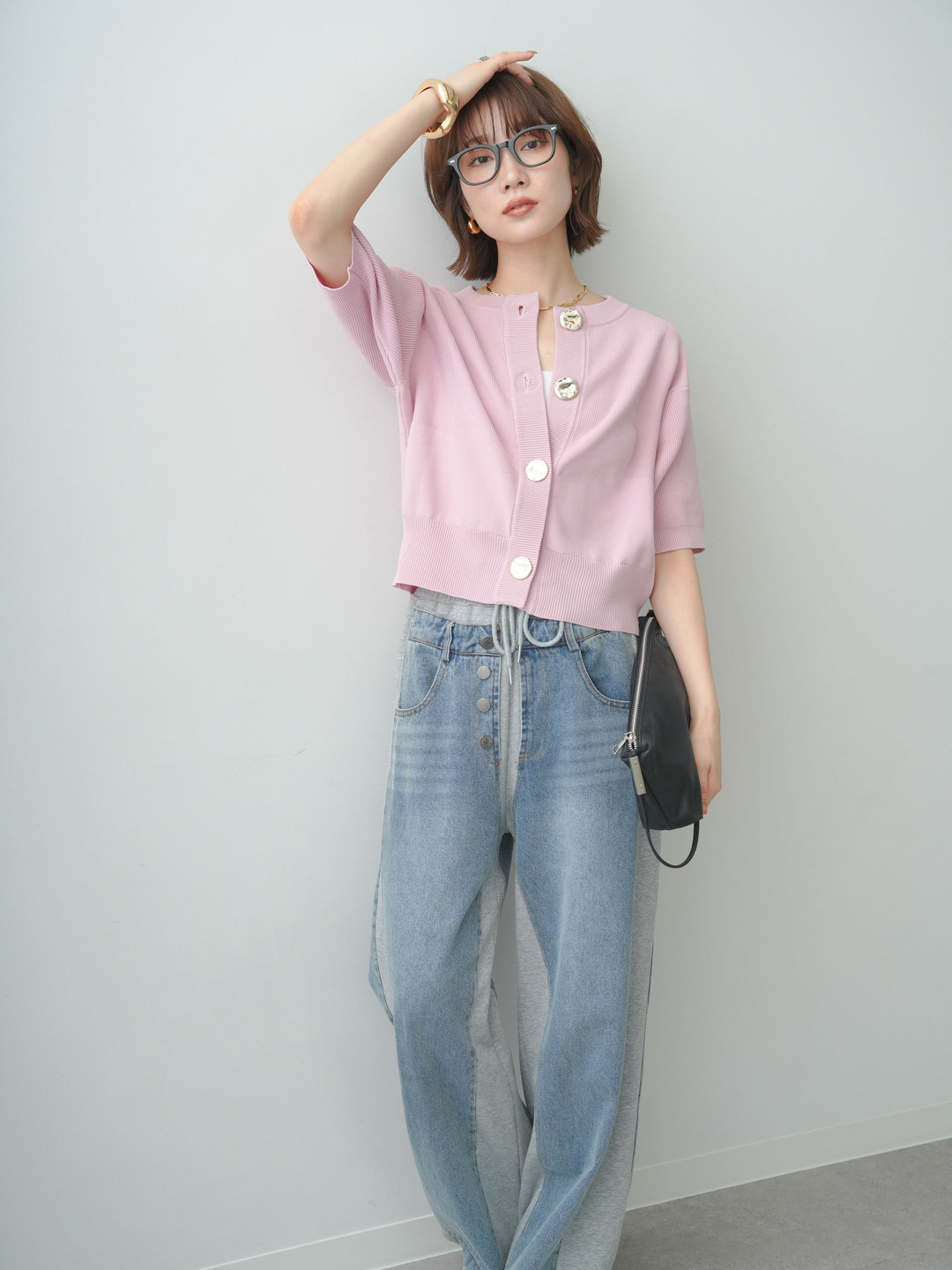 [SET]ゴールドボタンハーフニットカーディガン+デニム切替スウェットパンツ(2set)
