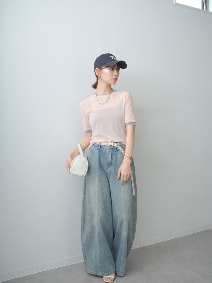 [SET]トリムレイヤードシアー半袖トップス+フロントビジューカーブデニムパンツ(2set)