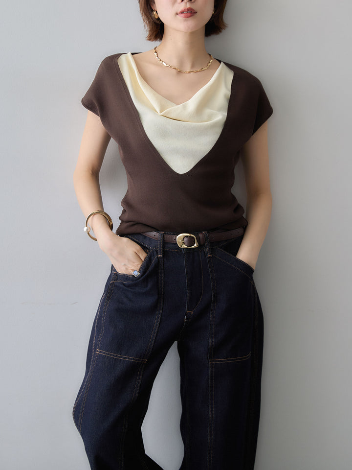 [予約]レイヤードデザインスリムフレンチニットトップス/brown