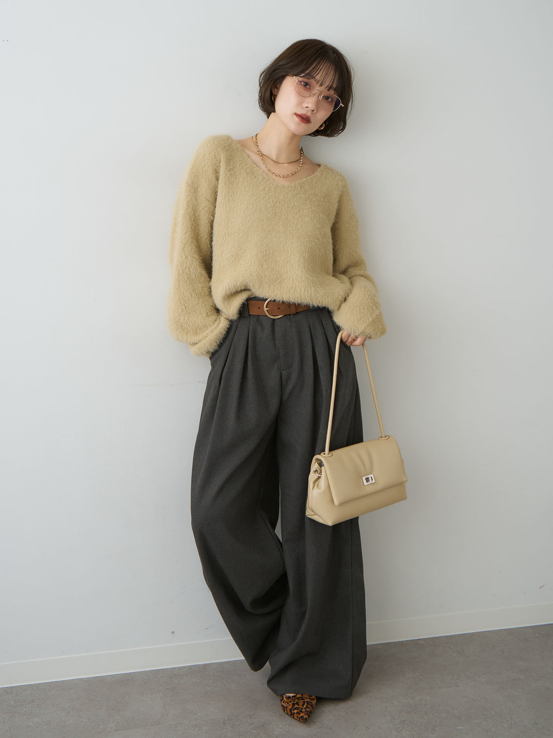[SET]シャギーVネックニットトップス+ダブルタックドレープストレートワイドパンツ(2set)