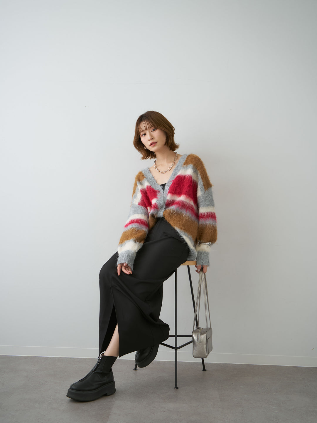 [SET]カラフルシャギーボーダーカーディガン+クレープデシンフラップ付きストレートスカート(2set)