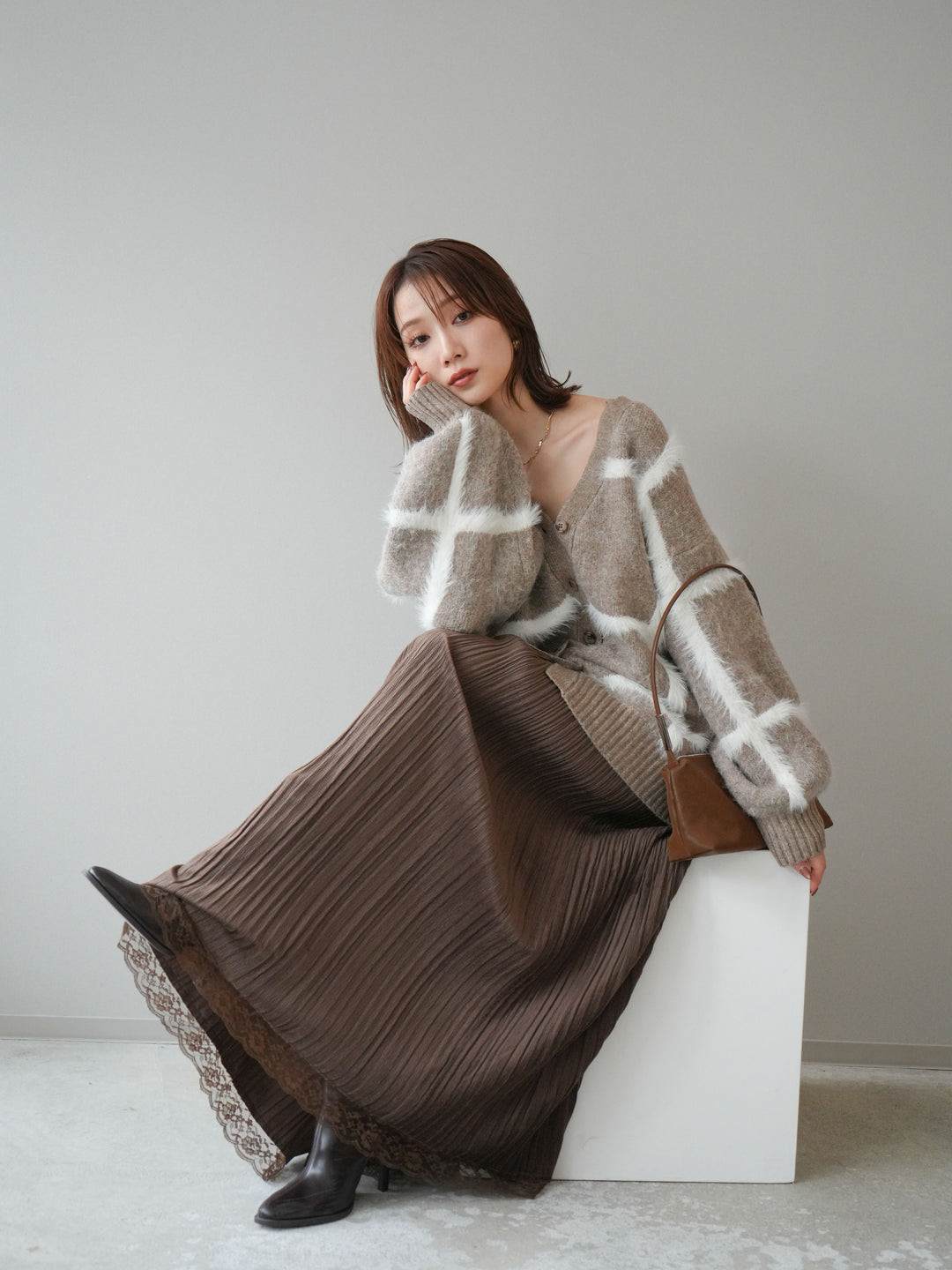 [予約]ミックスシャギーチェックカーディガン/beige