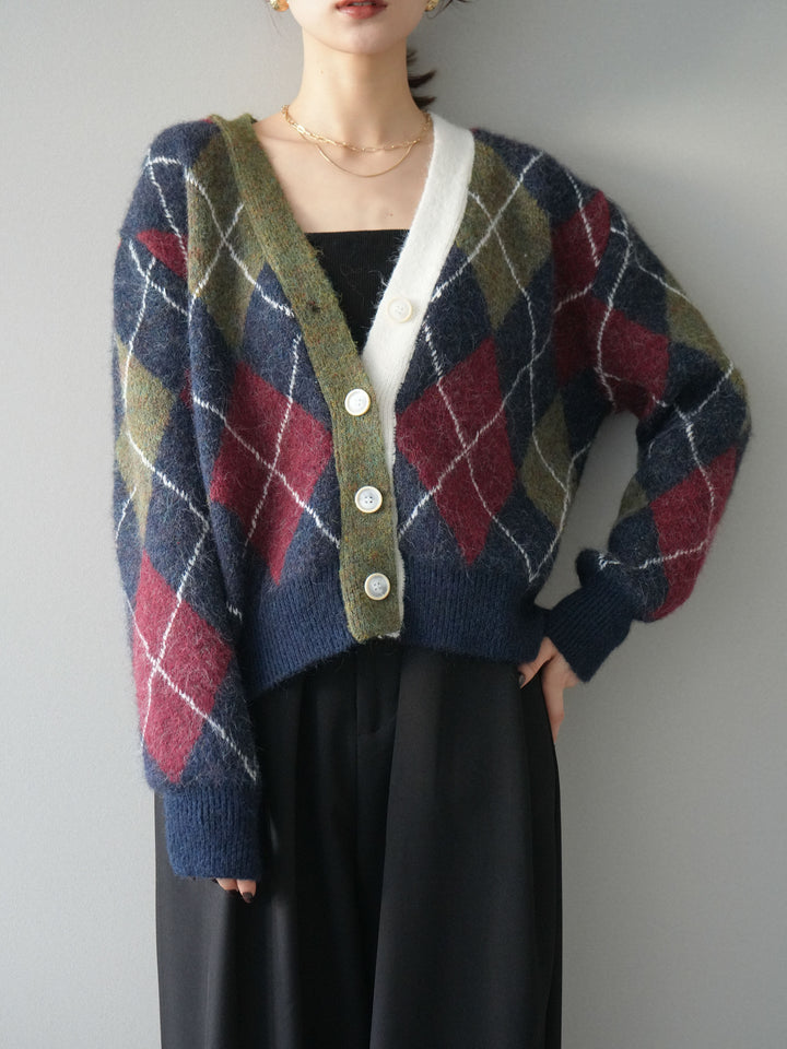 [予約]配色アーガイル柄ニットカーディガン/green