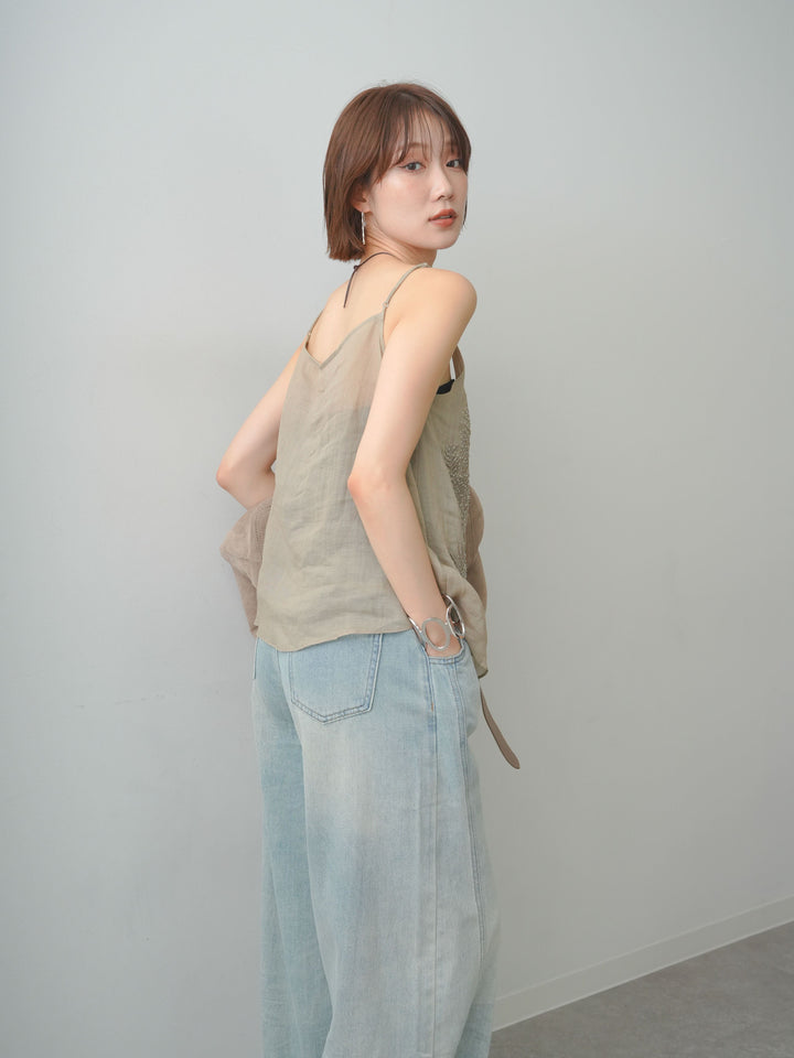 【套裝】棕櫚珠刺繡吊帶背心+輕薄復古風牛仔褲（兩件套）