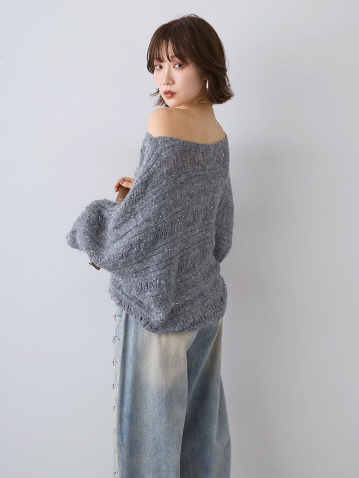 [予約]ミックス透かし編ワイドネックニットトップス/gray
