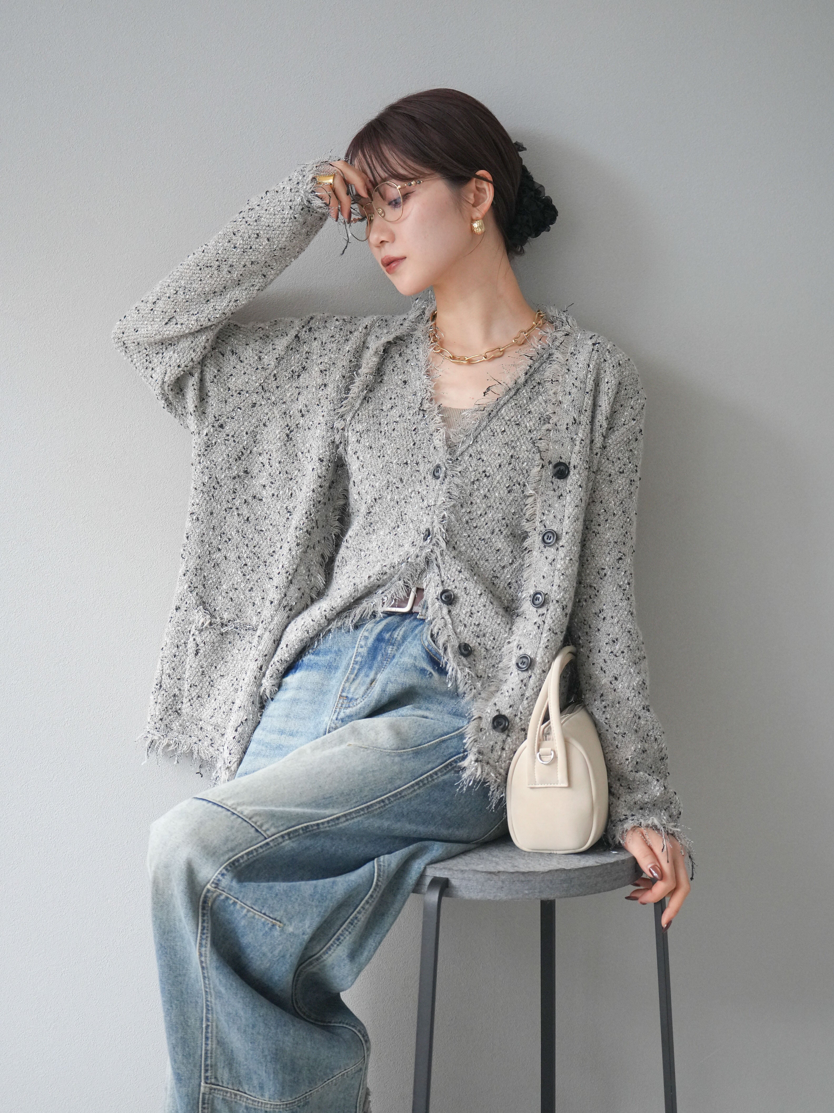 予約]ネップフリンジニットカーディガン/khaki – Lumier