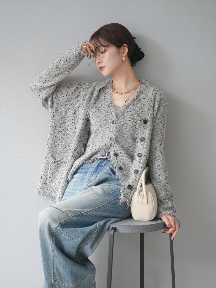 [予約]ネップフリンジニットカーディガン/khaki