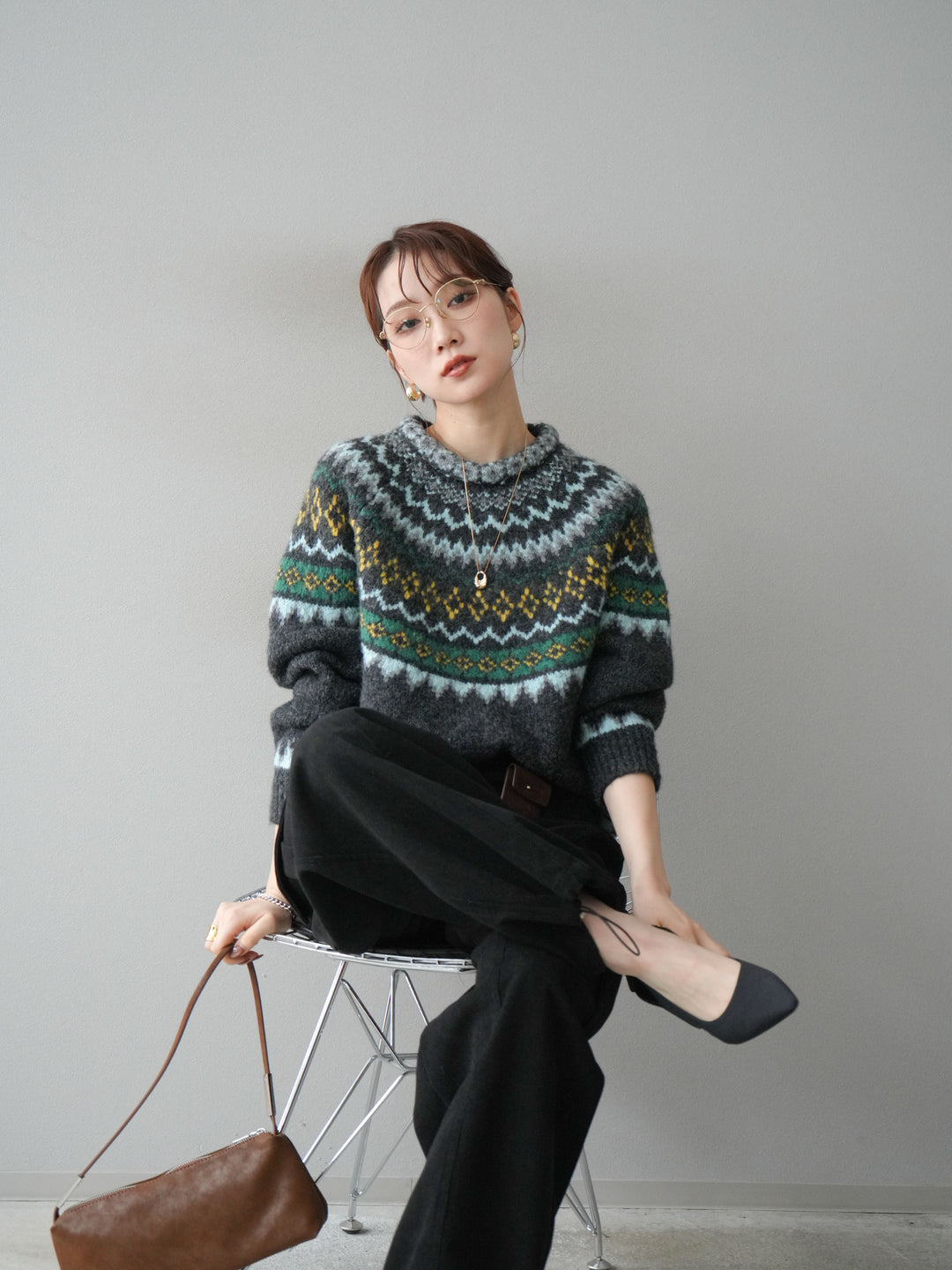 [予約]ウールタッチ求心柄オーバーニットプルオーバー/gray