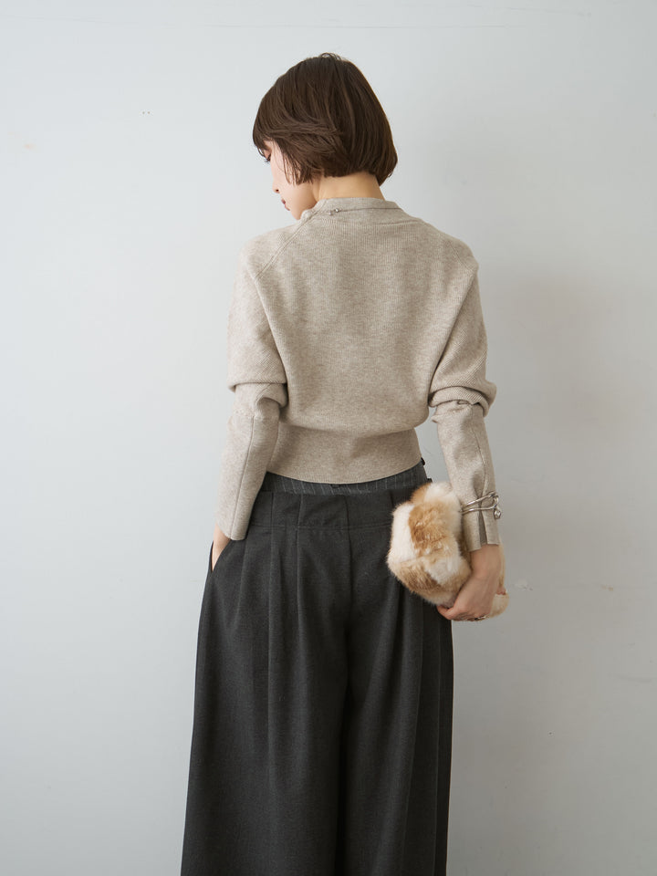 [予約]ハイネックサイドボタンギャザーニットトップス/beige