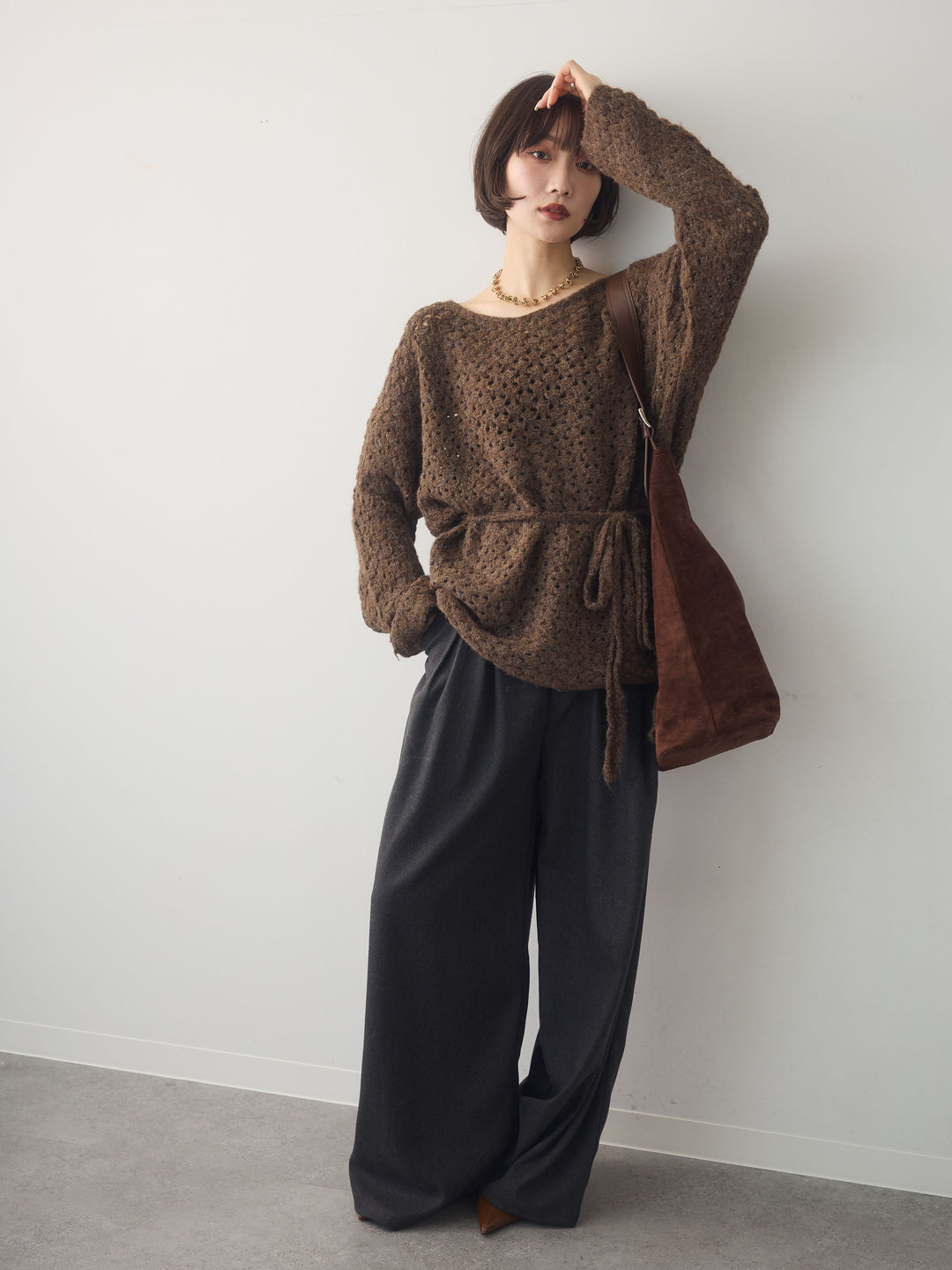 [SET]ニットベルト付ポップコーンプルオーバー+ダブルタックドレープストレートワイドパンツ(2set)