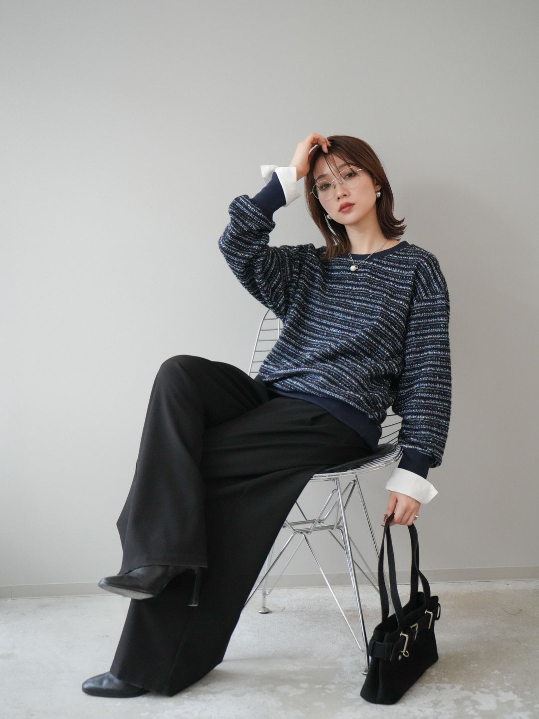 [予約]MIXツイードライクカフスドッキングプルオーバー/blue