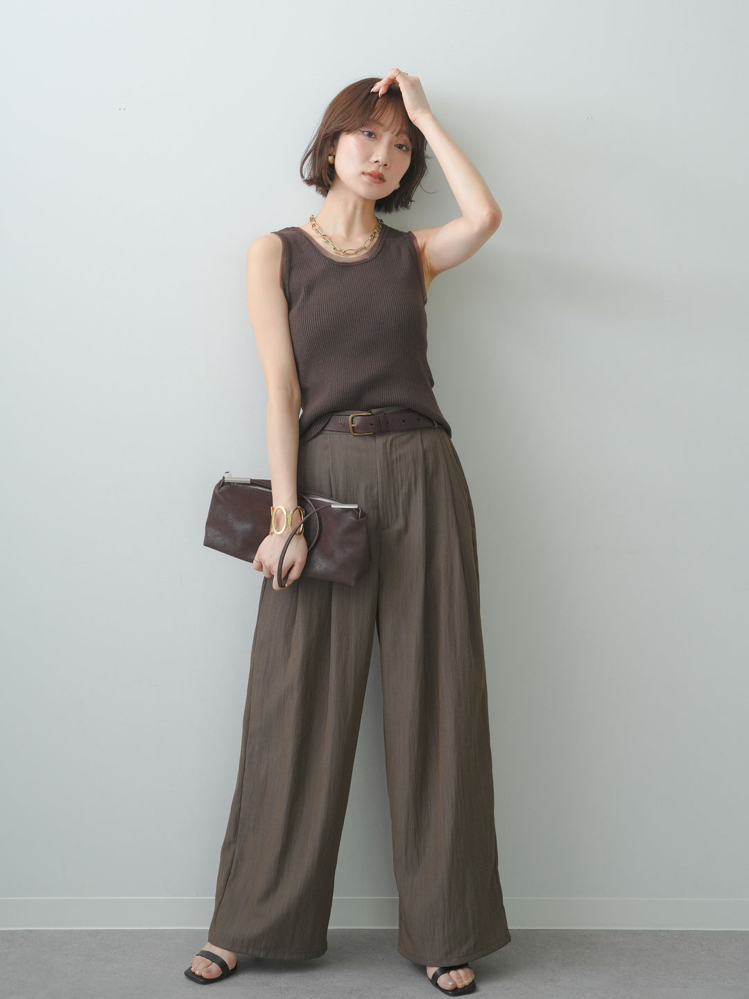 [SET]チュールトリムリブニットタンクトップ+リネンライク2タックワイドパンツ(2set)
