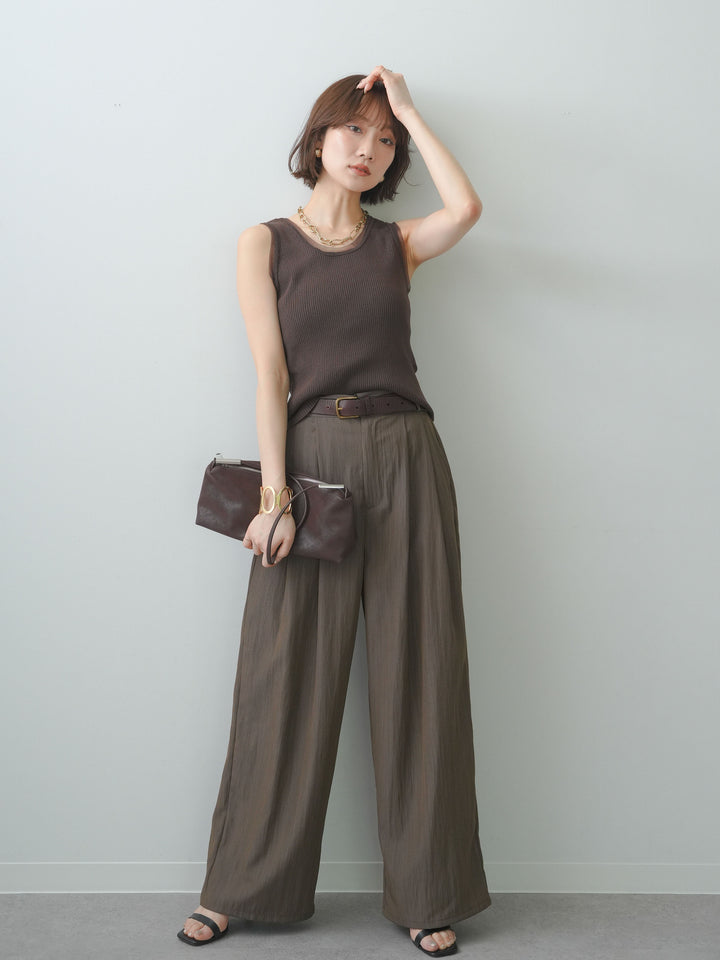 [SET]チュールトリムリブニットタンクトップ+リネンライク2タックワイドパンツ(2set)