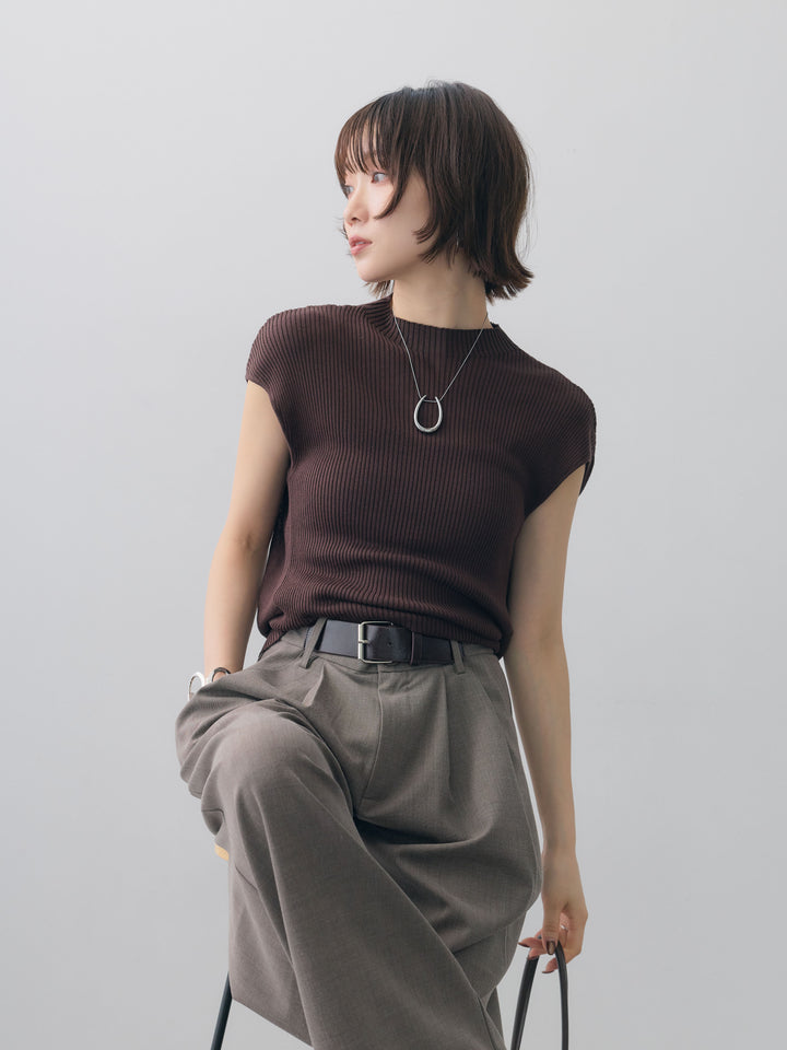[予約]ボトルネックフロントリブニットトップス/brown