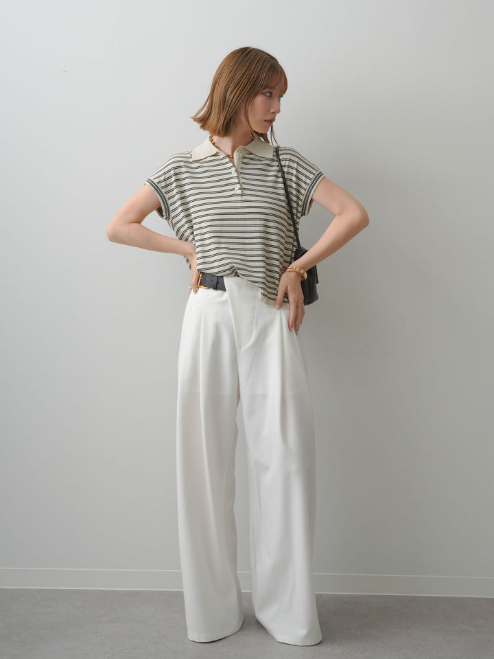 [SET]ポロニットボーダートップス+アシンメトリーベルトタックワイドパンツ(2set)