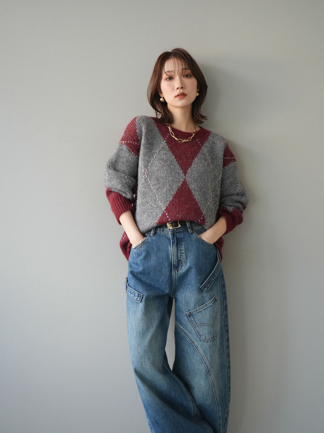 [予約]アーガイルオーバーニットプルオーバー/bordeaux