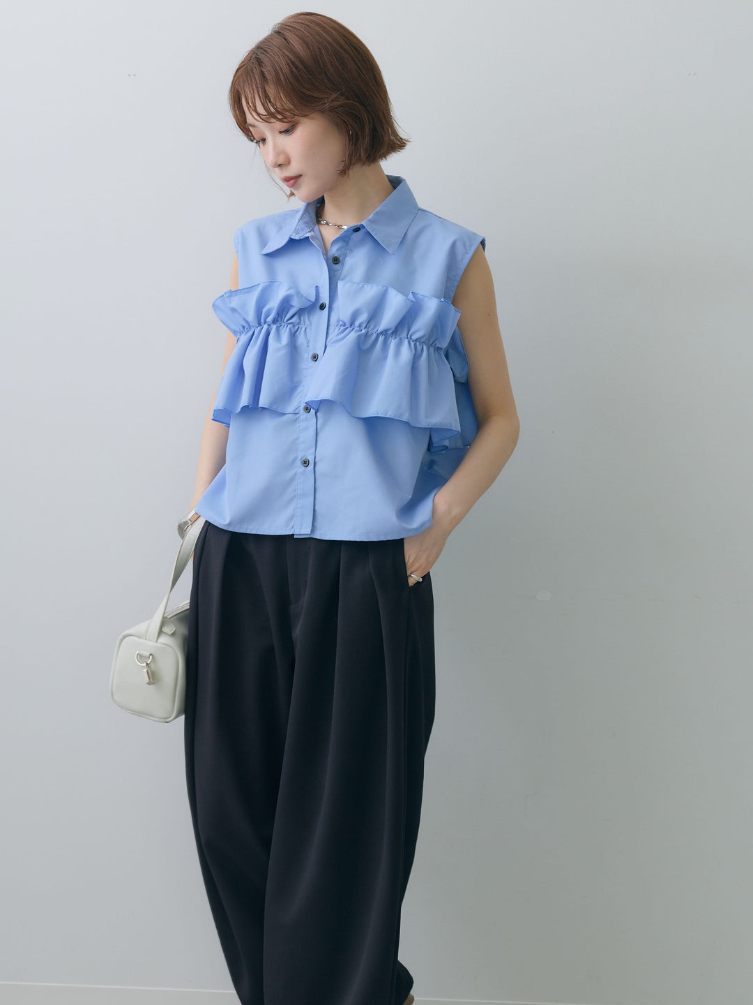 [予約]フリルノースリーブシャツ/blue