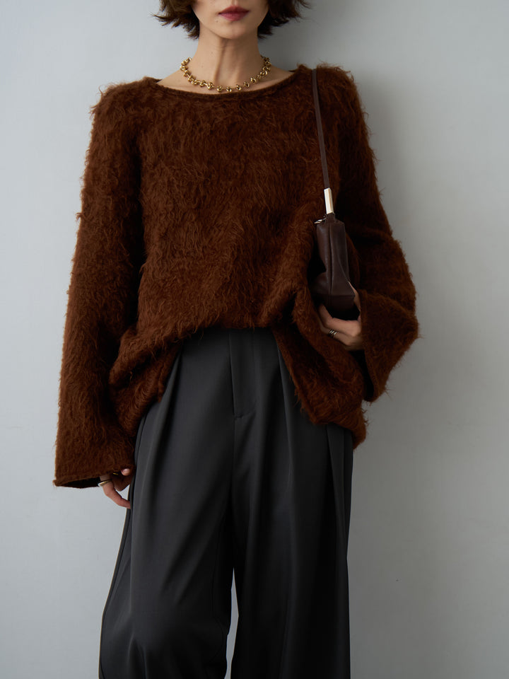 [予約]ボートネックシャギーオーバーニットトップス/brown