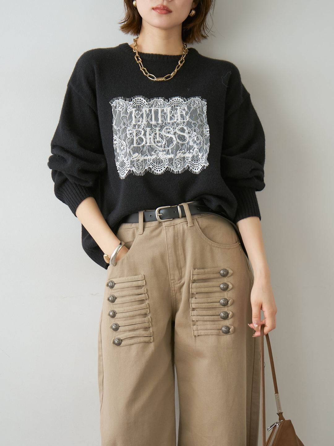 [SET]アルパカタッチ刺繍レースロゴニットプルオーバー+選べるアクセセット(2set)