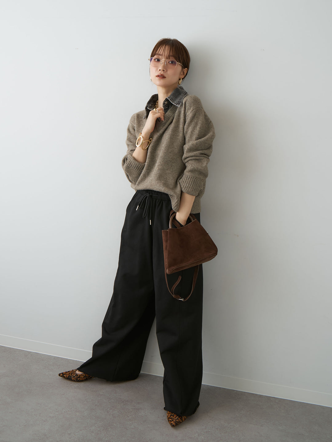 [SET]ブラックデニム襟レイヤードデザインニットトップス+ブラックデニム襟レイヤードデザインニットトップス(2set)