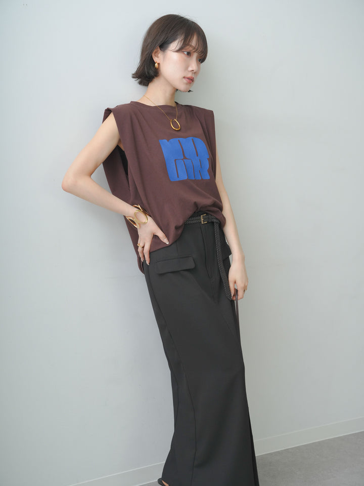 [SET]ショルダータックノースリーブオーバーTEE+ショルダータックノースリーブオーバーTEE+クレープデシンフラップ付きストレートスカート(3set)