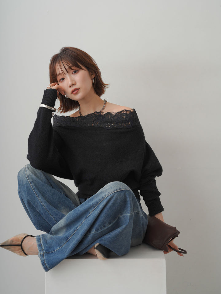 [予約]ショルダーレースオフショルニットトップス/black